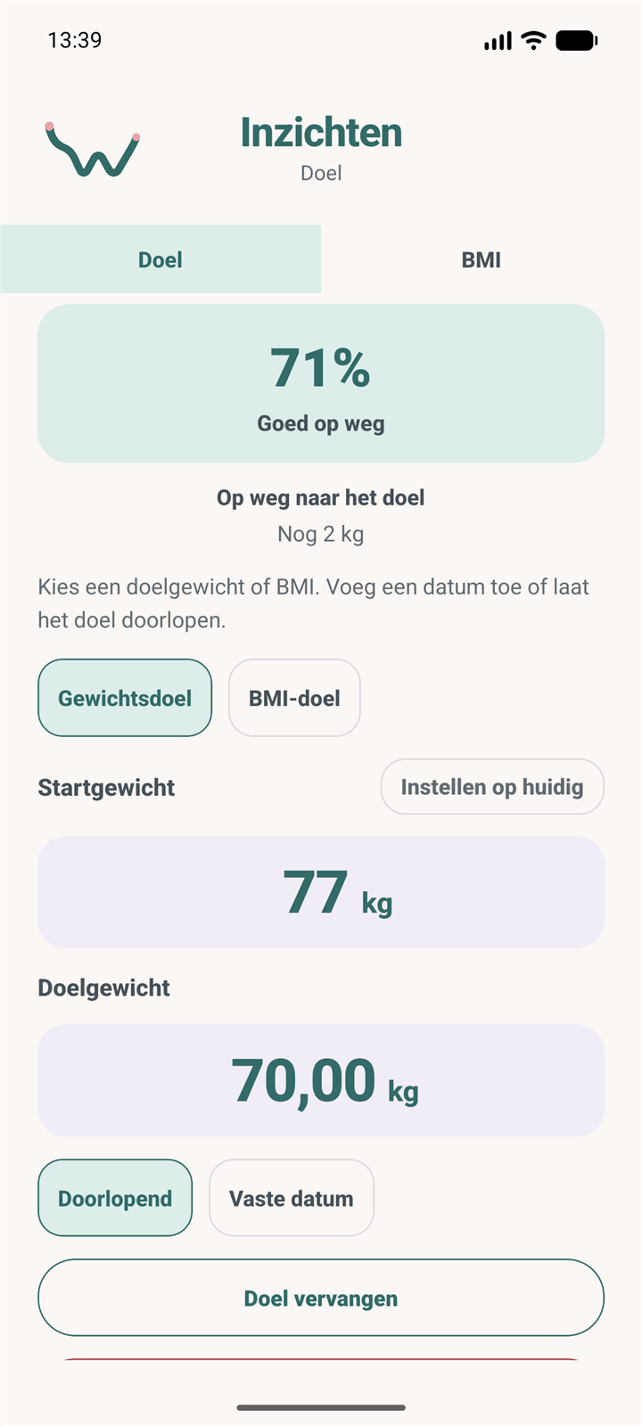 Instellingen voor een persoonlijk gewichtsdoel met demogegevens