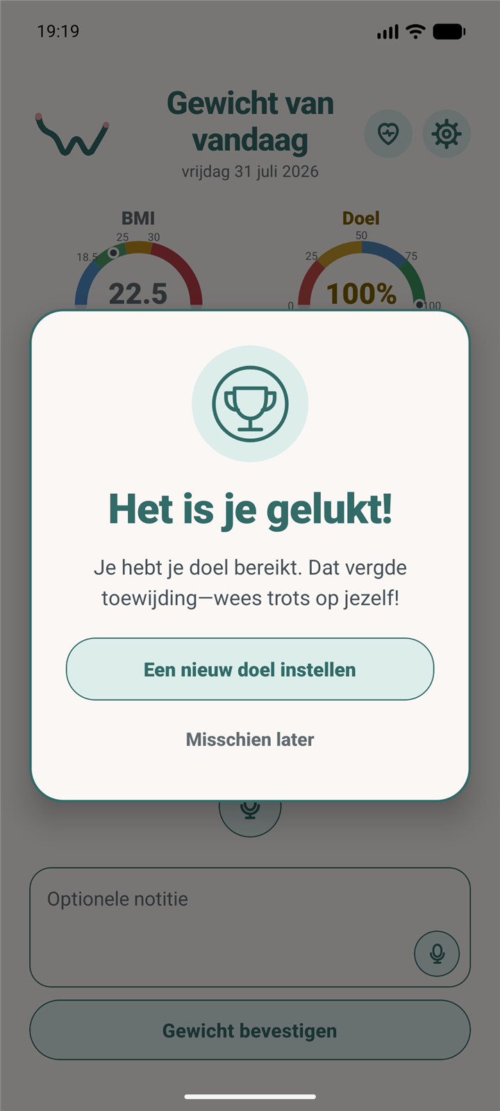 Viering in MijnGewicht nadat een demodoel is bereikt