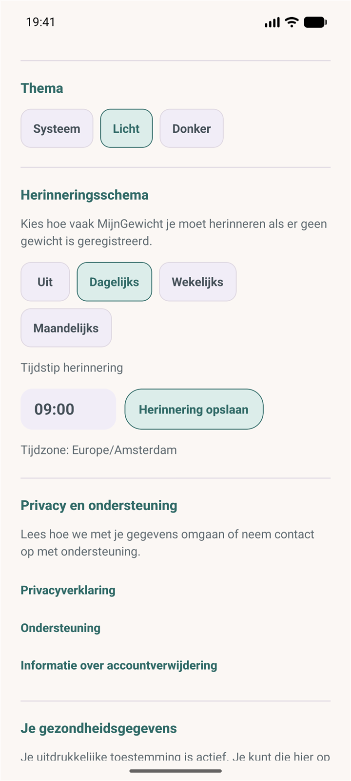 Instellingen voor weegmomenten en herinneringen